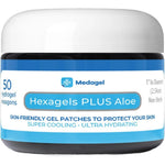 Medagel Hexagels Plus Aloe Vera front view of 50 count pack for skin relief.