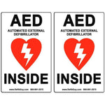 Defib Guy AED vinyl labels front view high visibility emergency signage.