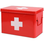 Flexzion First Aid Box front view red metal vintage medical organizer.