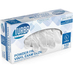 Turba Medical Clear Vinyl Disposable Gloves 100 Count front view box.