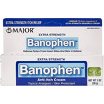 Major Extra Strength Banophen Anti-Itch Cream front view showing 1 ounce tube for insect bite relief.