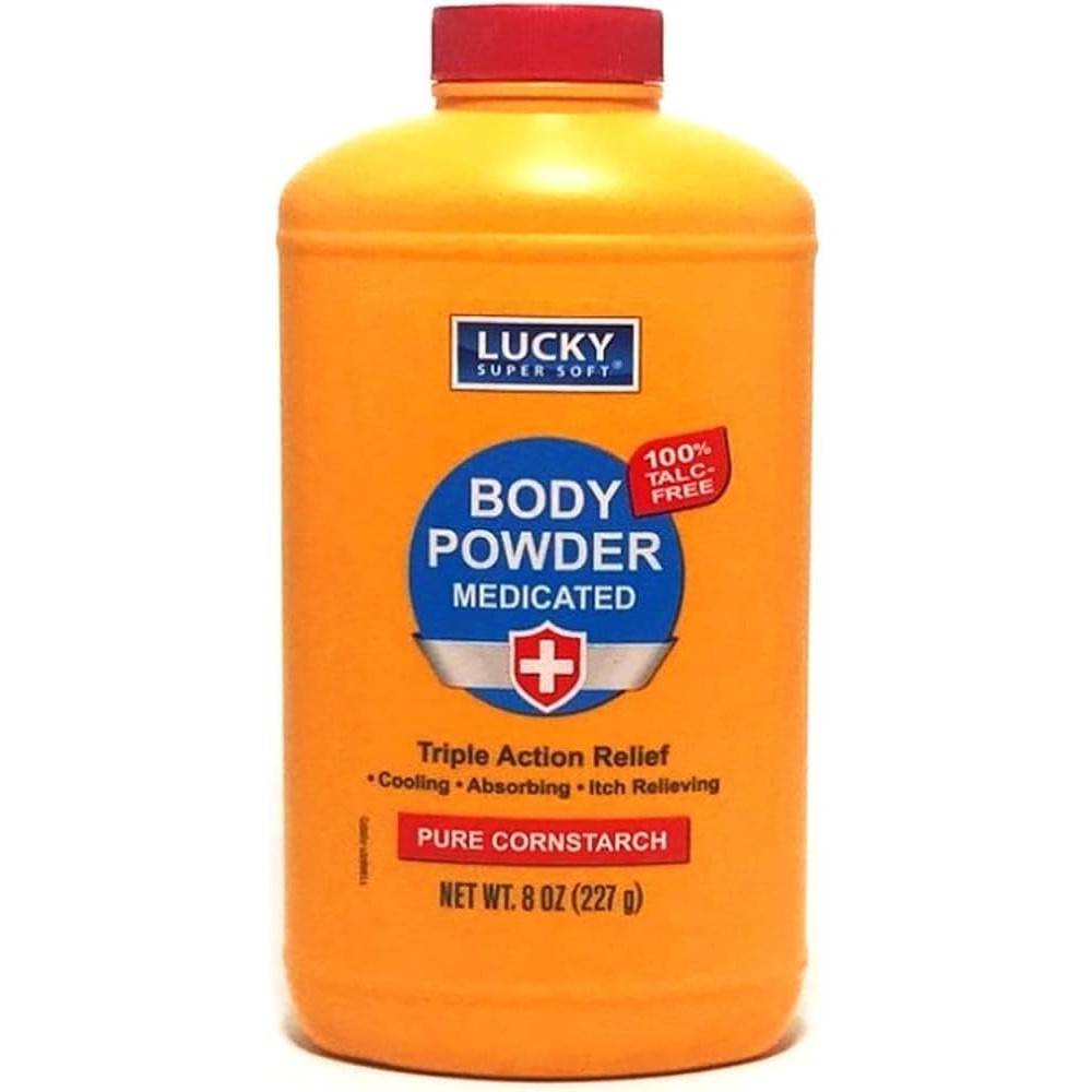 Lucky Super Soft Medicated Body Powder front view bottle for anti itch relief