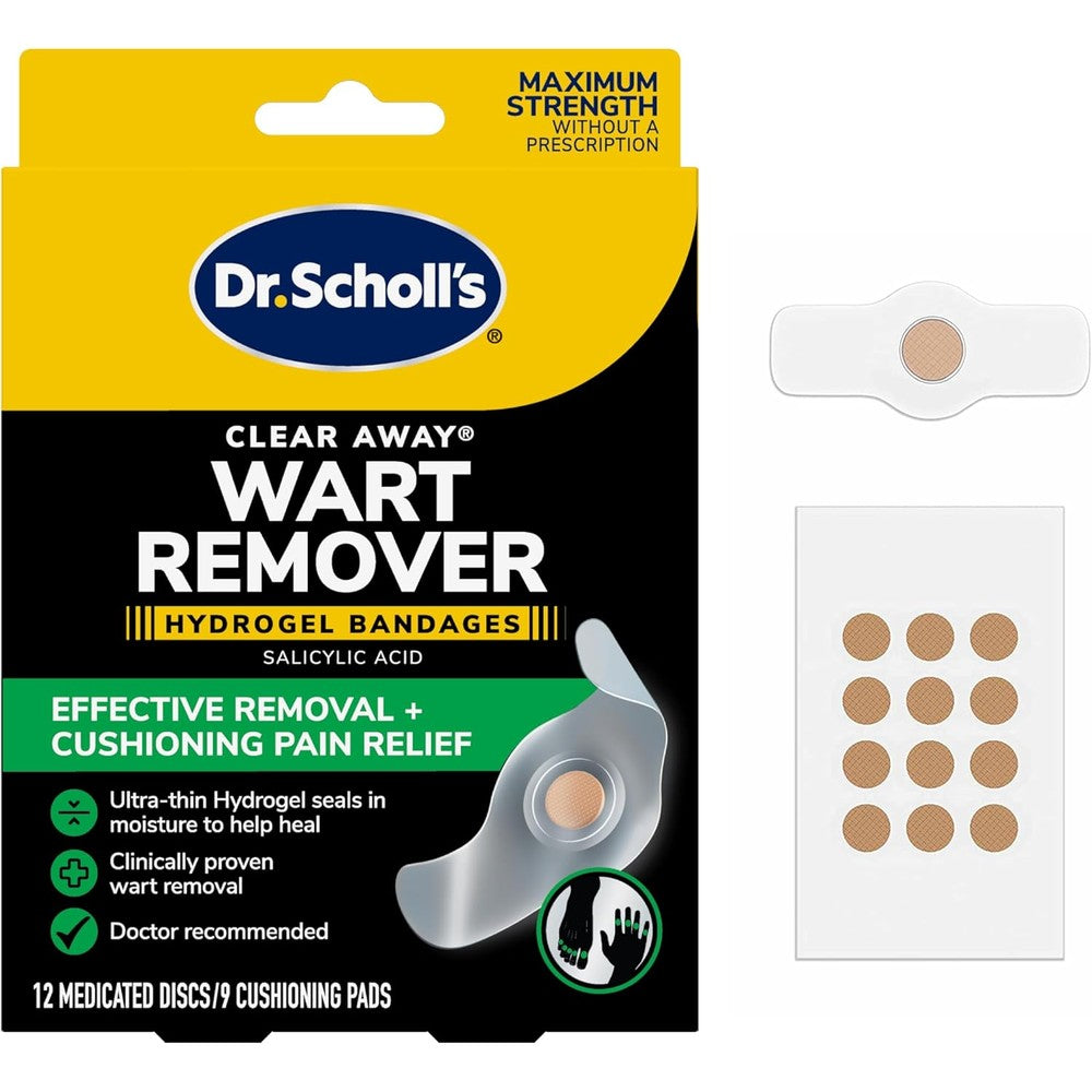 Dr. Scholl’s Clear Away Wart Remover Hydrogel Bandages front packaging for finger and toe treatment.