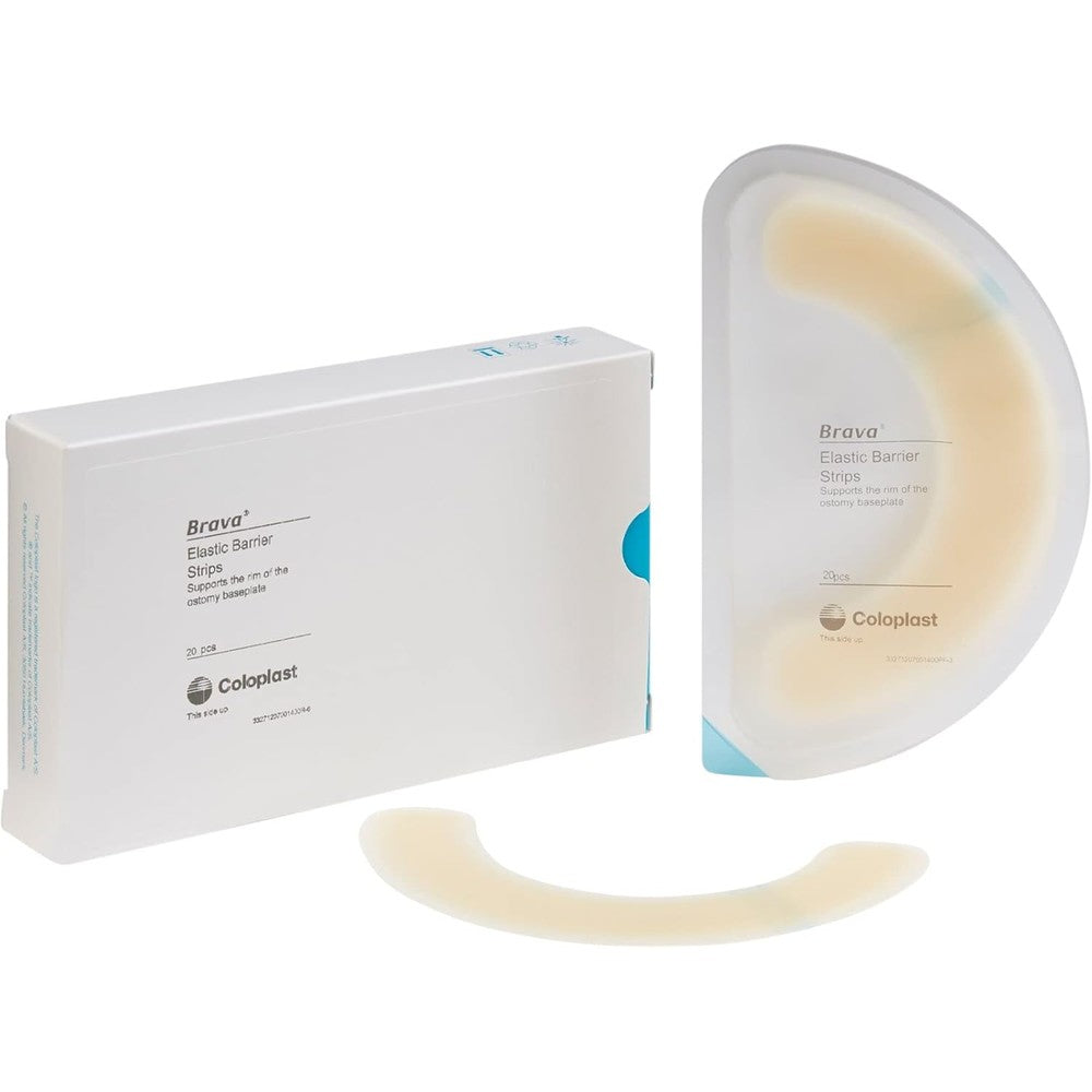 Coloplast Brava Elastic Barrier Strips front box view for ostomy care security.