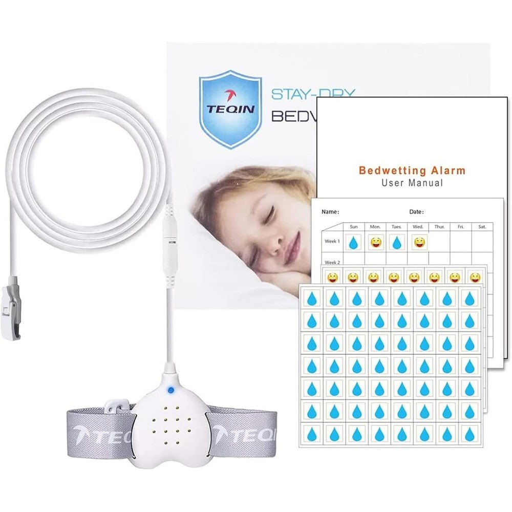 TEQIN Bed Wetting Alarm front view showing heart shaped rechargeable unit.