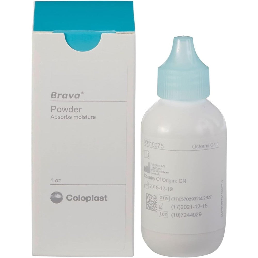 Coloplast Brava Ostomy Barrier Powder front view of one ounce bottle for stoma skincare