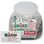 CoreTex Bug X 30 Insect Repellent Wipes front view of the 50 count fishbowl container on an outdoor background