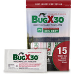 CoreTex Bug X 30 Mosquito Repellent Wipes front packaging showcasing fifteen single use towelettes