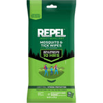Repel Insect Repellent Mosquito and Tick Wipes front package view showcasing travel friendly fifteen count pouch.