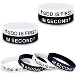 CITYBAN God Is First Im Second Silicone Wristband front view showing white embossed cross and text on black rubber band.