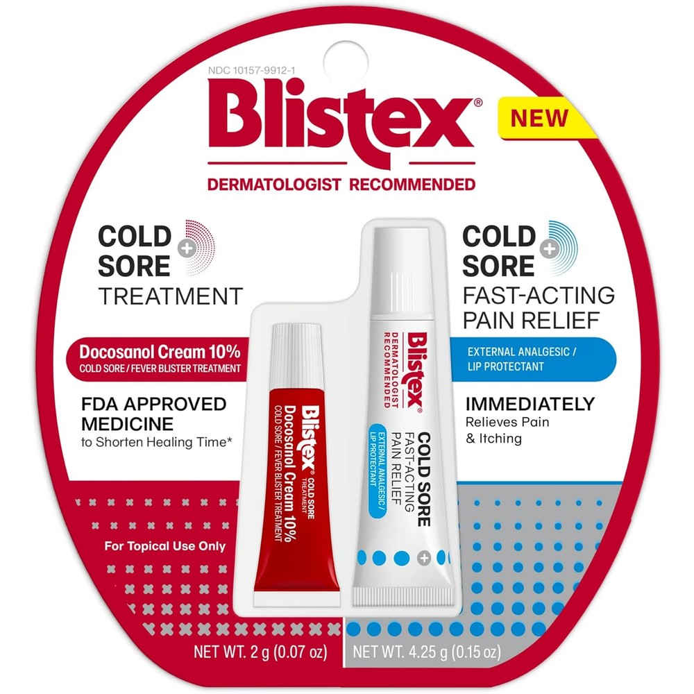 Blistex Cold Sore Kit front packaging showcasing the treatment and pain relief tubes