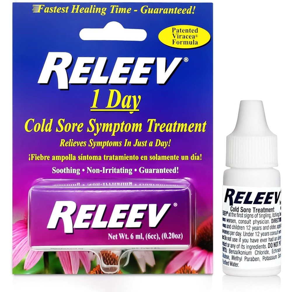 Releev 1 Day Cold Sore Treatment 6 Milliliter front view packaging for fast fever blister relief.
