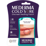 Mederma Cold Sore Discreet Healing Patch front view package showing fifteen count hydrocolloid gel patches.