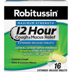 Robitussin Maximum Strength 12 Hour Cough and Mucus Relief 16 tablets front packaging view.