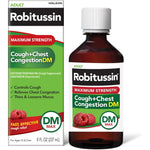 Robitussin Adult Maximum Strength Cough and Chest Congestion DM Max liquid bottle front view for severe cold relief.