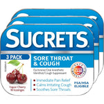 Sucrets Sore Throat and Cough Vapor Cherry Lozenges 3 pack front view showing legendary tins