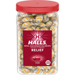 Halls Cough and Throat Relief Cherry Cough Drops front view of bulk jar