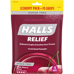HALLS Relief Sugar Free Black Cherry Cough Drops front packaging view for sore throat relief
