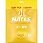 Halls Relief Honey Lemon Cough Drops 140 count value pack front view