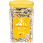 HALLS Relief Honey Lemon Cough Drops bulk jar front view for sore throat relief