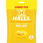HALLS Relief Honey Lemon Cough Drops economy pack front view showcasing authentic packaging.