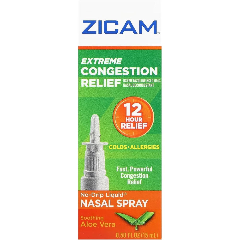 Zicam Extreme Congestion Relief Nasal Spray front packaging showing twelve hour no drip formula.
