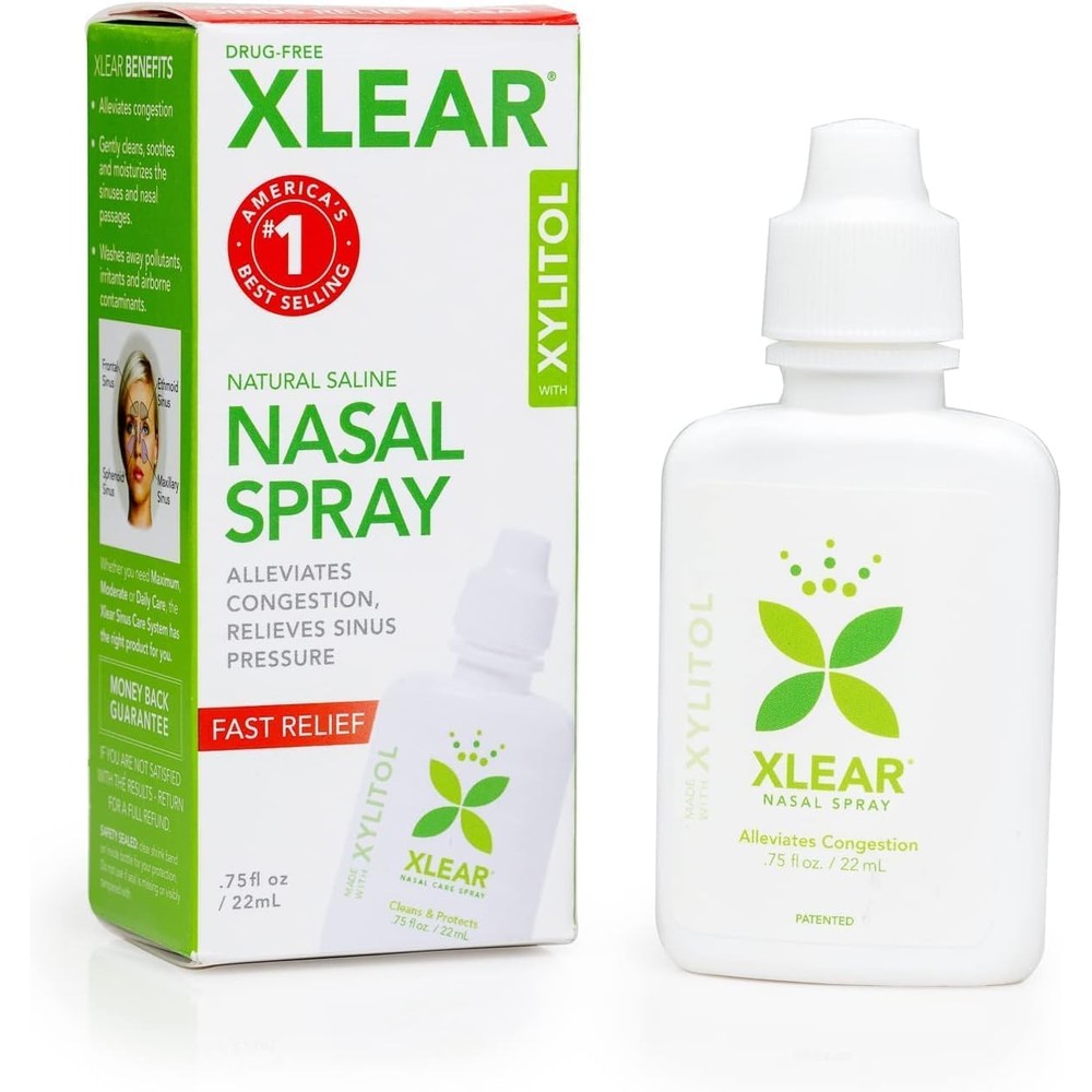 Xlear Natural Saline Nasal Spray with Xylitol 0.75 fluid ounce bottle front view for sinus relief.