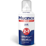 Mucinex Sinus Saline Nasal Spray and Sinus Rinse front view packaging showcasing the two in one jet and mist nozzle feature.