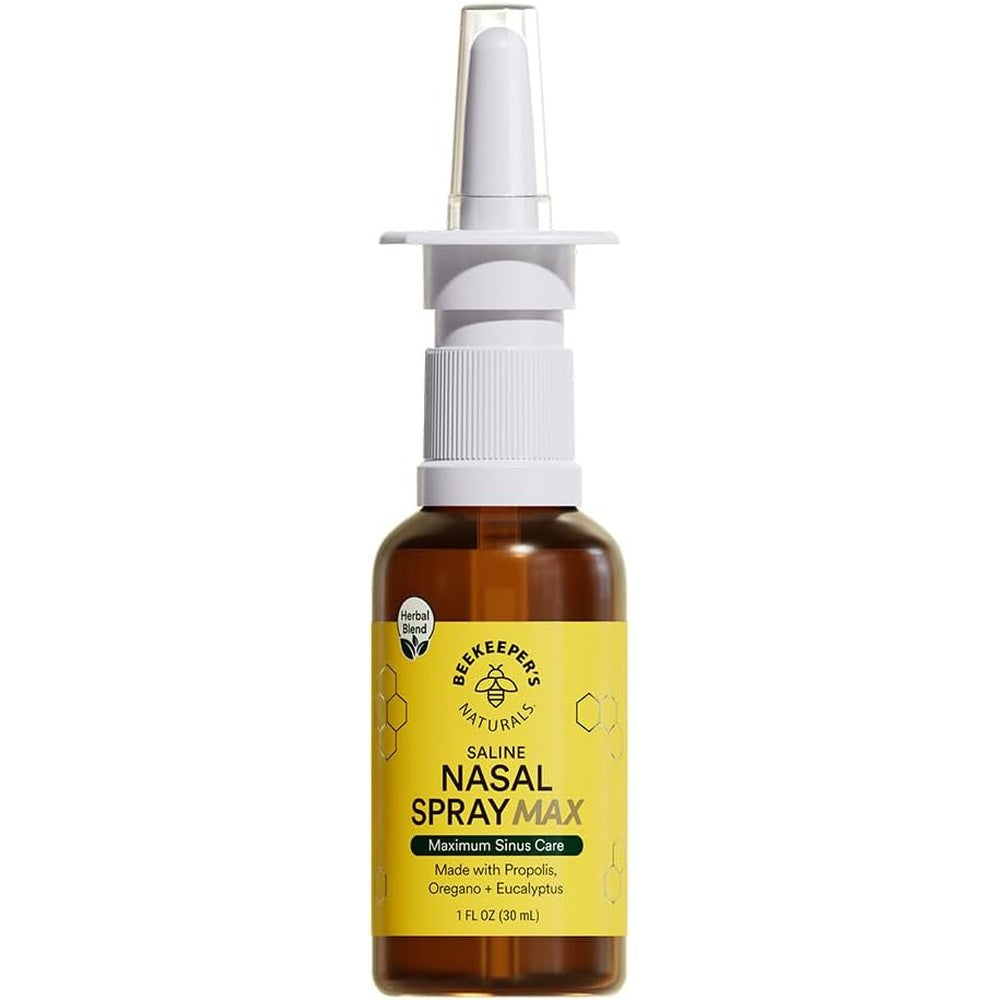 Beekeeper's Naturals Propolis Nasal Rinse Spray Max front view showing natural sinus relief formula.