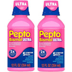 Pepto Bismol Ultra Liquid twelve fluid ounce bottles front view showing the packaging and five symptom relief labels