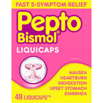 Pepto Bismol Liquicaps front view showing 48 count bottle