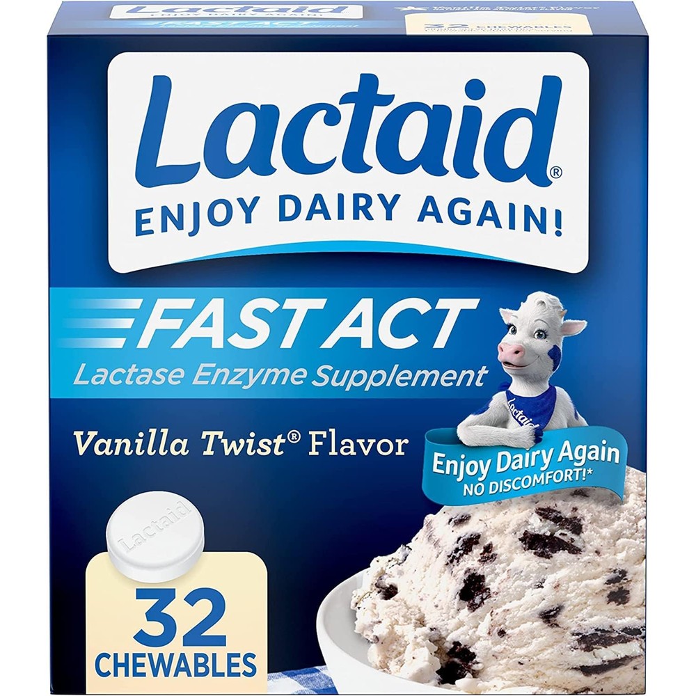 Lactaid Fast Act Chewable Vanilla Twist tablets front packaging for lactose intolerance relief