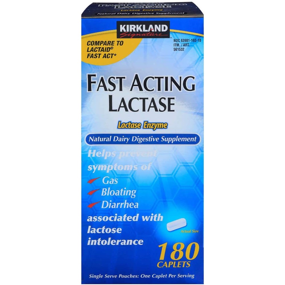 Kirkland Signature Fast Acting Lactase 540 caplets pack front view for lactose intolerance relief