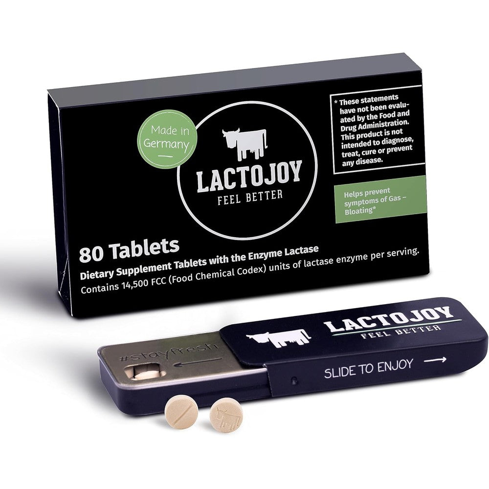 LactoJoy Lactase Pills 80 tablets front view packaging for lactose intolerance relief.