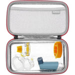 RLSOCO inhaler spacer travel case front view showing the durable black hard shell and secure red zipper closure.