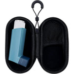 LeoTube Holder Travel Case for Asthma Inhaler front view showing premium black hardshell exterior