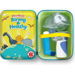 Vivélle carrying case for portable handheld nebulizer front view showcasing the green dinosaur theme and durable hard shell design.