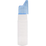 Aquacolor empty nasal spray bottle front view showing white plastic container and blue nozzle cover.