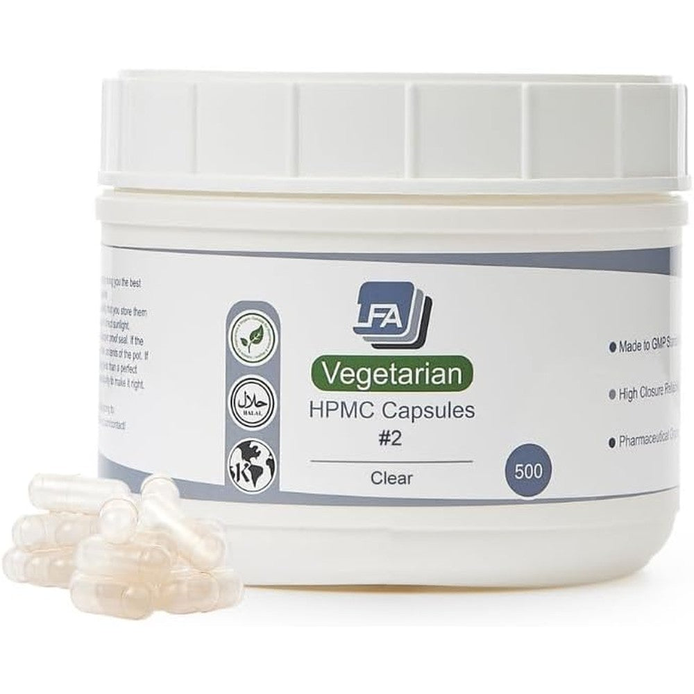 Lfa Tablet Presses size 2 empty vegan HPMC capsules 500 count jar front view
