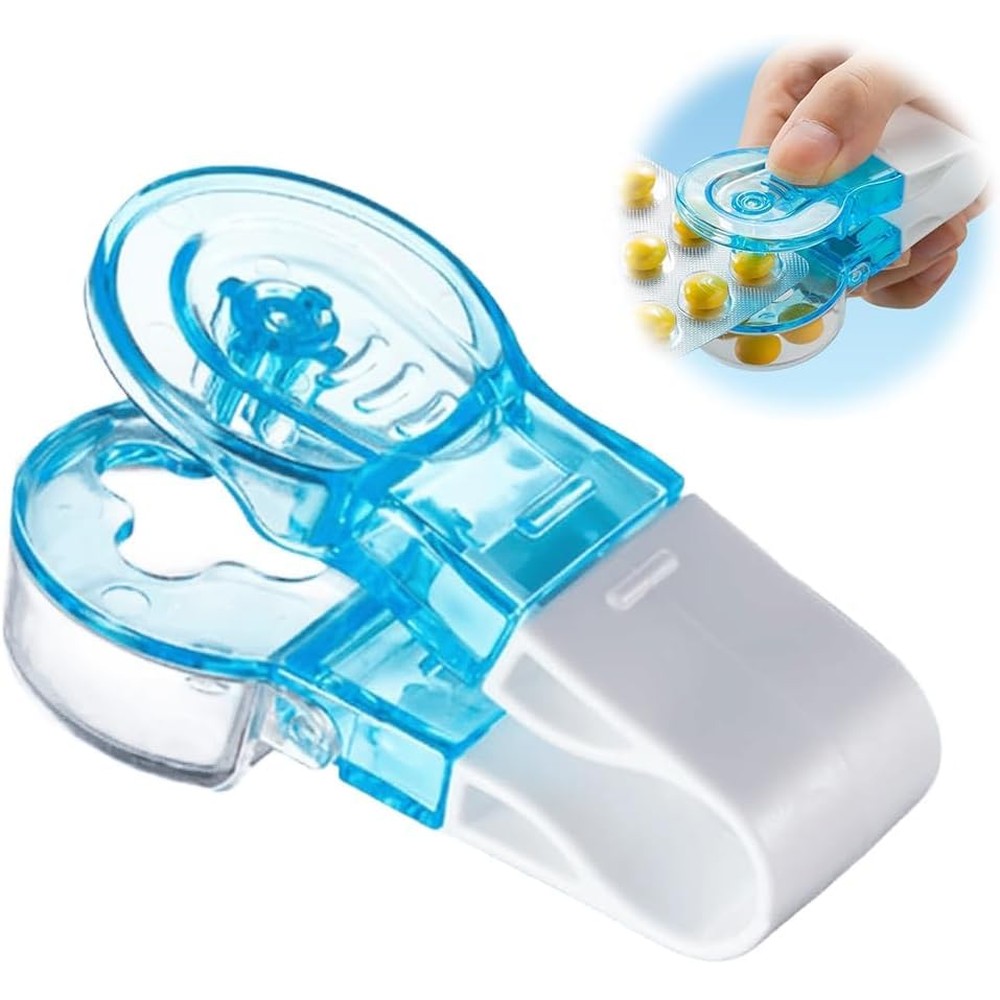 Fuiyuqa portable pill taker front view showing the ergonomic white and blue touchless extraction design
