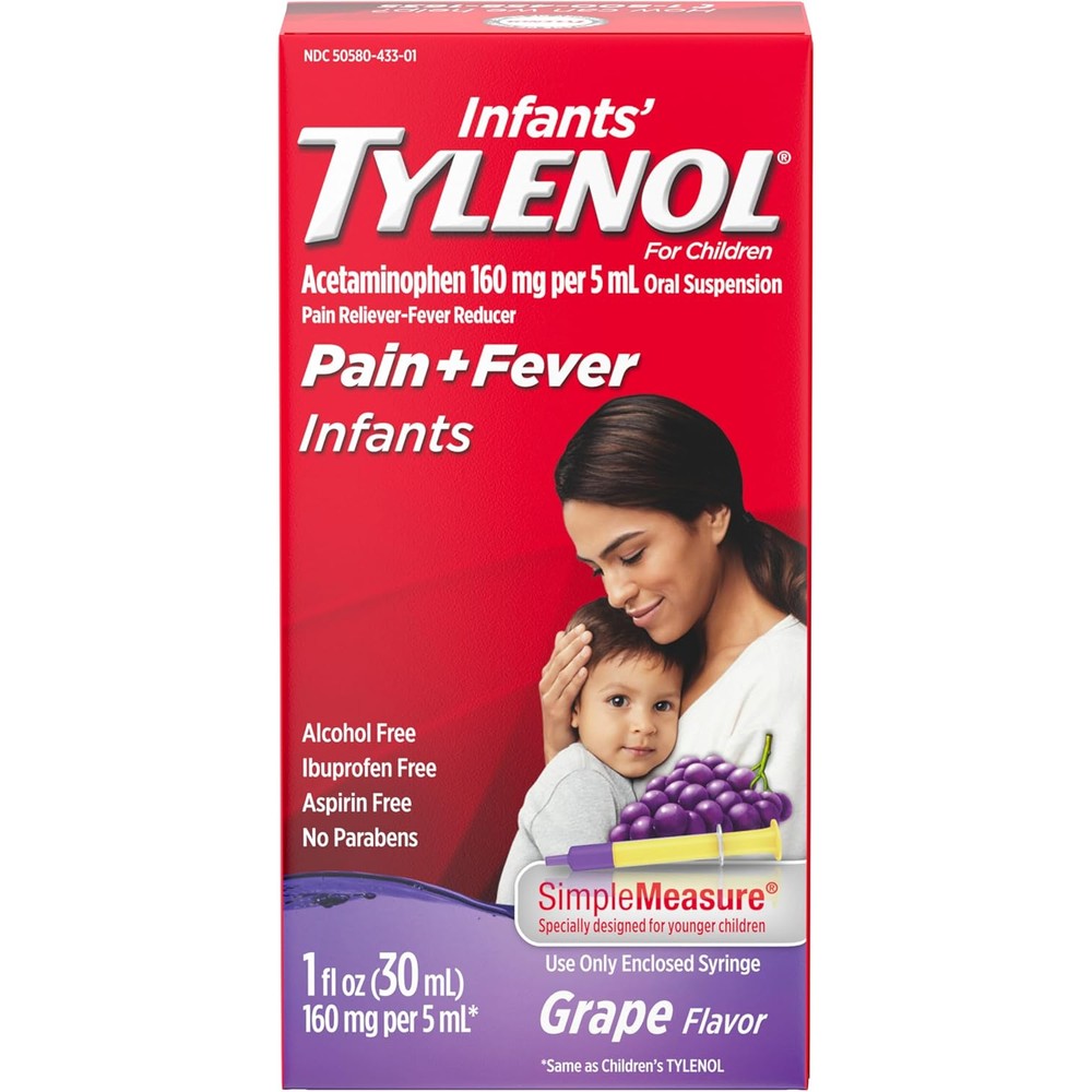 Infants' Tylenol Oral Suspension Liquid Medicine with Acetaminophen, Baby Fever Reducer & Pain Reliever for Minor Aches & Pains, Sore Throat, Headache & Toothache, Grape Flavor, 1 fl. oz