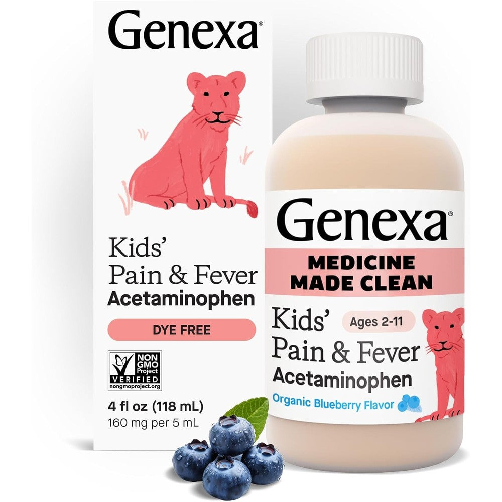 Genexa Children's Clean Acetaminophen | Pediatrician Preferred Ingredients | Pain & Fever Reducer for Kids | Dye Free, 0% Artificial Additives | Ages 2-11, Delicious Organic Blueberry Liquid, 4 fl oz