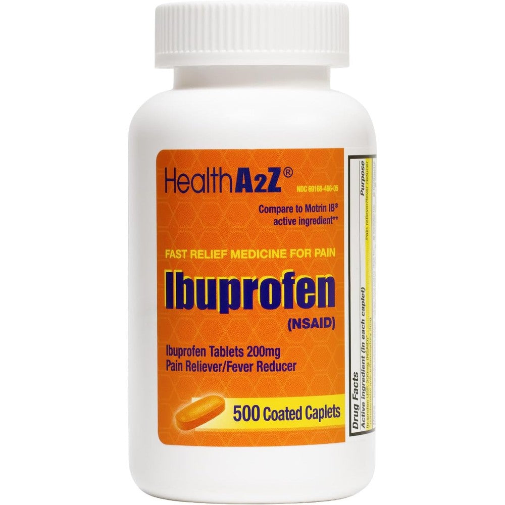 HealthA2Z® Orange Ibuprofen 200mg | 500 Coated Caplets | Pain Relief | Body Aches | Headache | Arthritis | Cramps | Back Pain | Fever Reducer | NSAID