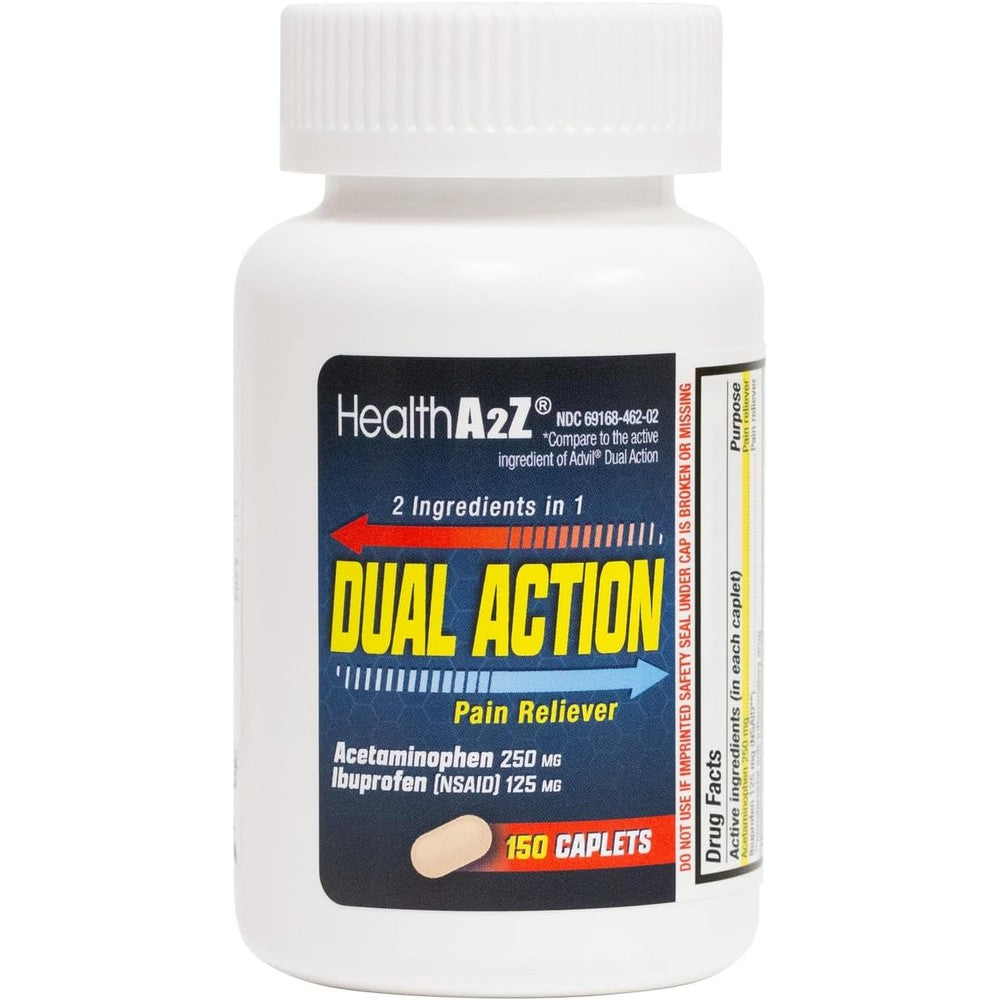 HealthA2Z® Dual Action Pain Relief | Acetaminophen 250mg & Ibuprofen (NSAID) 125mg | Contains Two Medicines | Relief from Headache, Fever & Backache (150 Caplets)