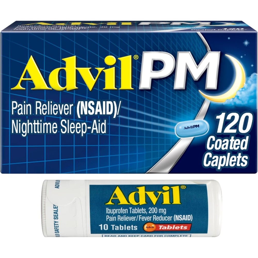 Advil PM Pain Reliever and Nighttime Sleep Aid, Ibuprofen for Pain Relief and Diphenhydramine Citrate for a Sleep Aid - 120 Coated Caplets and Pain Reliever and Fever Reducer, 10 Count Tablets