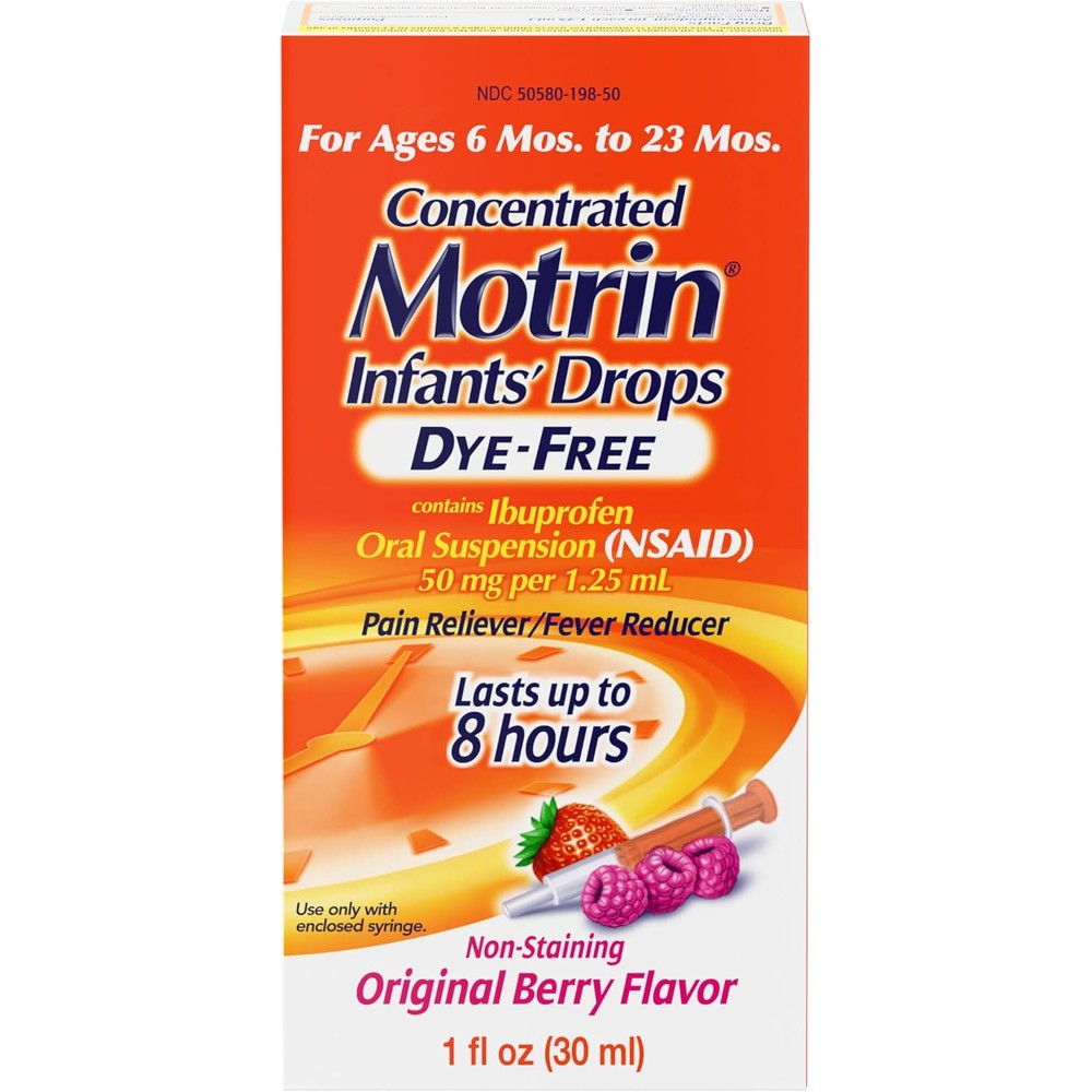 Motrin Infants Infant Ibuprofen Oral Suspension Concentrated Drops, NSAID Fever Reducer & Pain Reliever for Babies, Dye Free, Alcohol-Free, Berry Flavor, Includes Enclosed Syringe, 1 fl. oz
