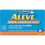 Aleve back and muscle pain tablets front view packaging showing three bottles of 50 count pain relievers