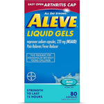 Aleve Arthritis Pain Relief Liquid Gels 80 Count front packaging displaying the easy open cap.
