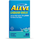 Aleve Pain Reliever Liquid Gels 80 count front packaging for long lasting body ache relief.
