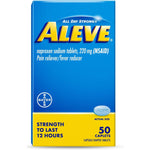 Aleve Pain Relief Naproxen Sodium Caplets 50 Count front view package showing twelve hour strength labeling.